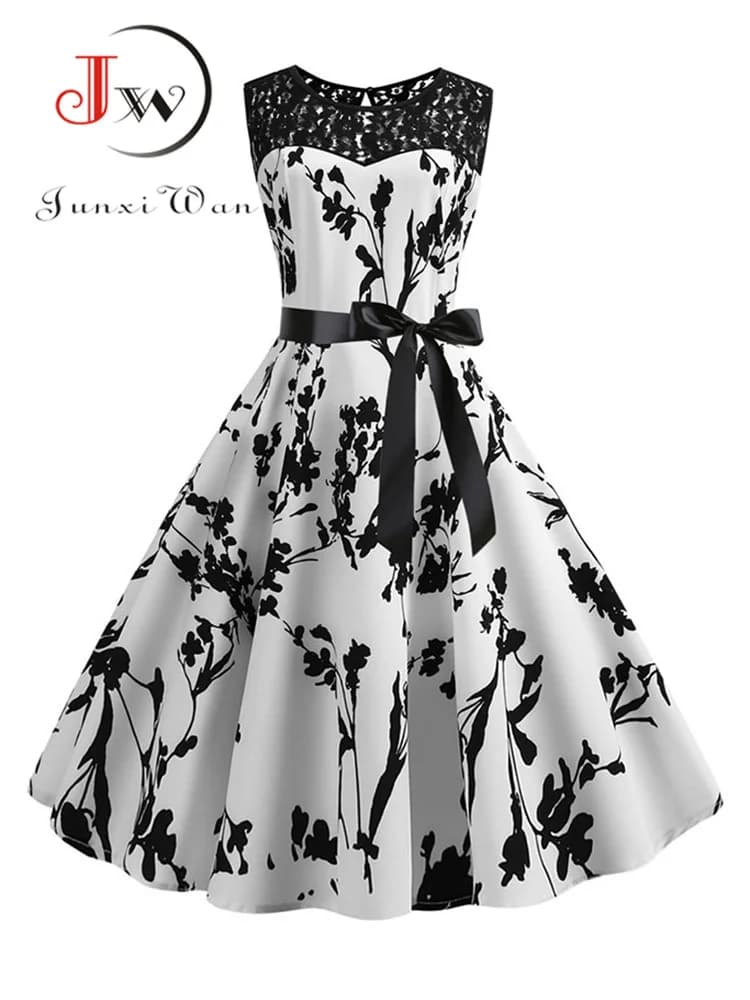 Vintage Women's Floral Print Summer A Line Party Dresses in Lace Robe Tunic Casual Office Ladies Dress