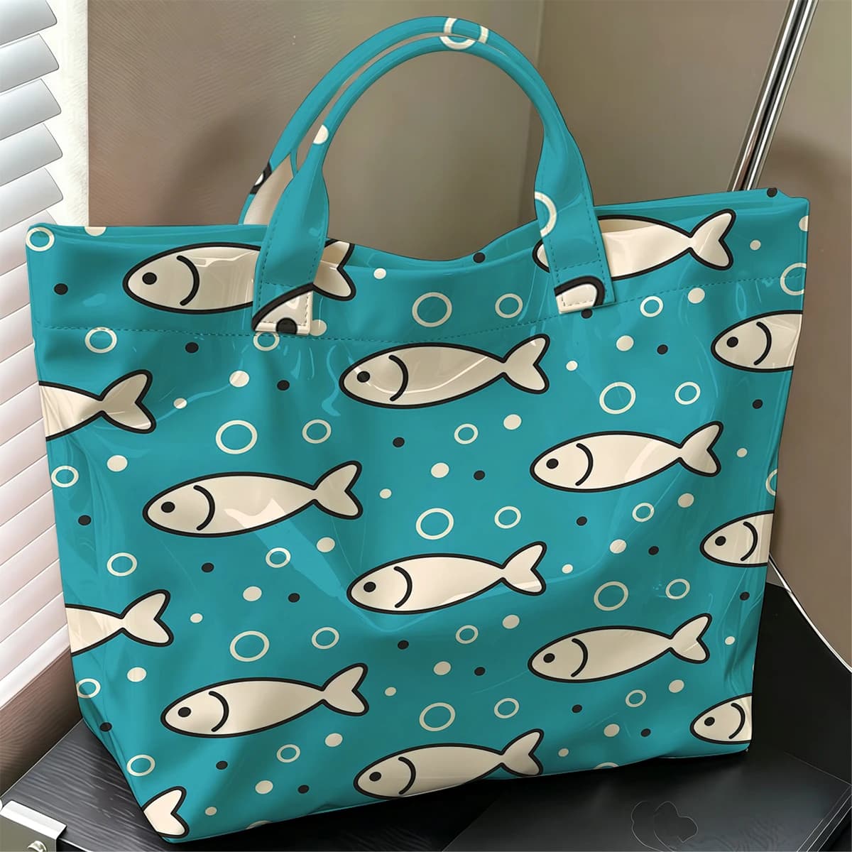 Cute Fish Stylish Large Glossy PVC Tote Bag Washable Waterproof Durable Ideal for Travel Commute Cosmetics Books Handbags