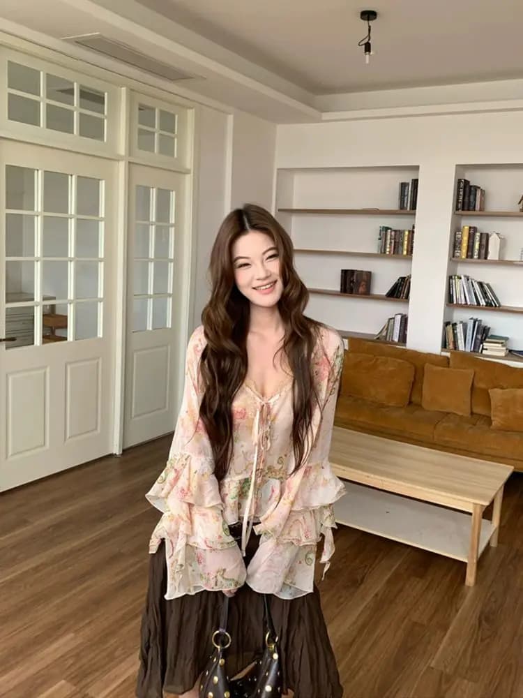 2026 Bohemian Paisley Print Chiffon Blouse Women Ruffle Flare Sleeve Tie Up Fashion Casual Tops for Vacation Daily Wear