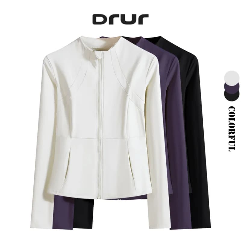 DRUR Giacca da corsa slim fit da donna traspirante manica lunga allenamento atletico top camicia da yoga con cerniera con tasca abbigliamento sportivo autunnale
