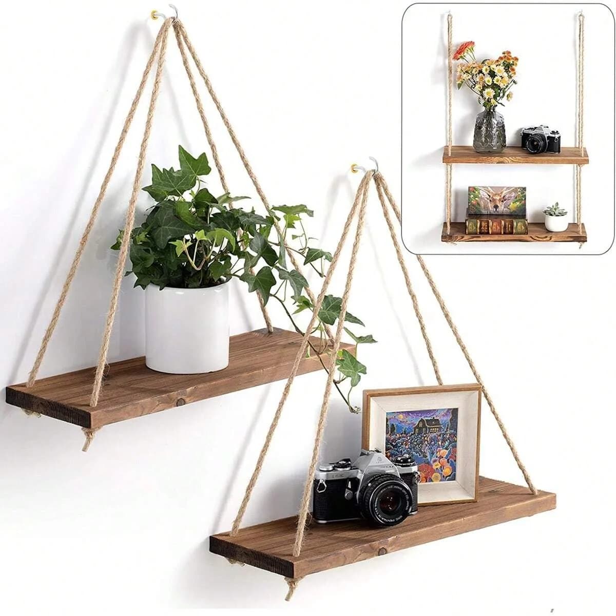 Altalena in legno appesa in corda di canapa, ripiani da parete galleggianti montati, per la casa, soggiorno, vassoio per piante, decorazione da giardino