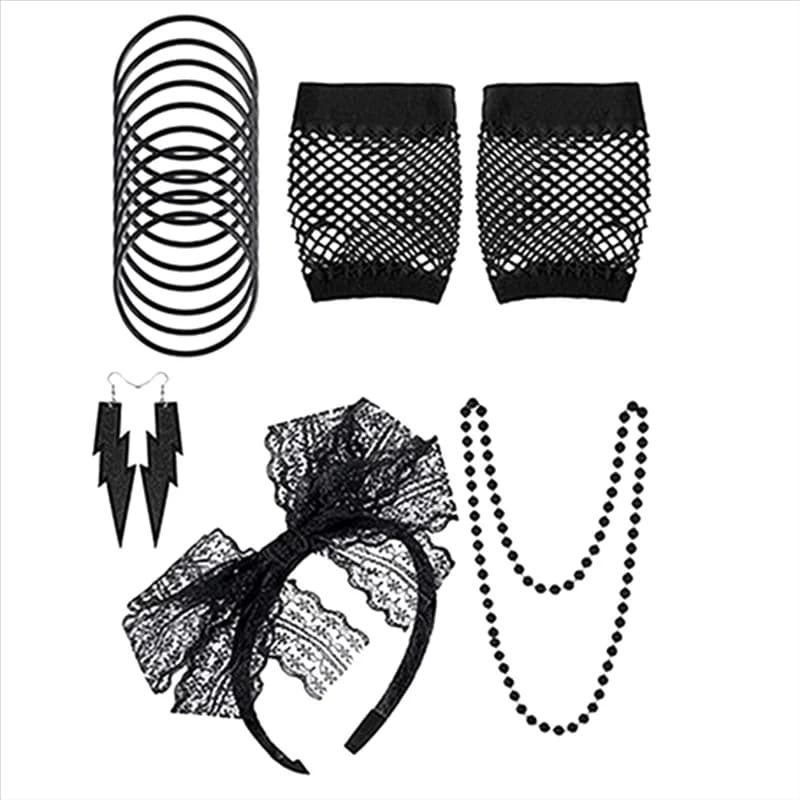 Classic-80S Fancy Dress Costume Accessories For Women-Retro Party Set With Lace Headband, Earrings, Gloves, Necklace, Bracelet