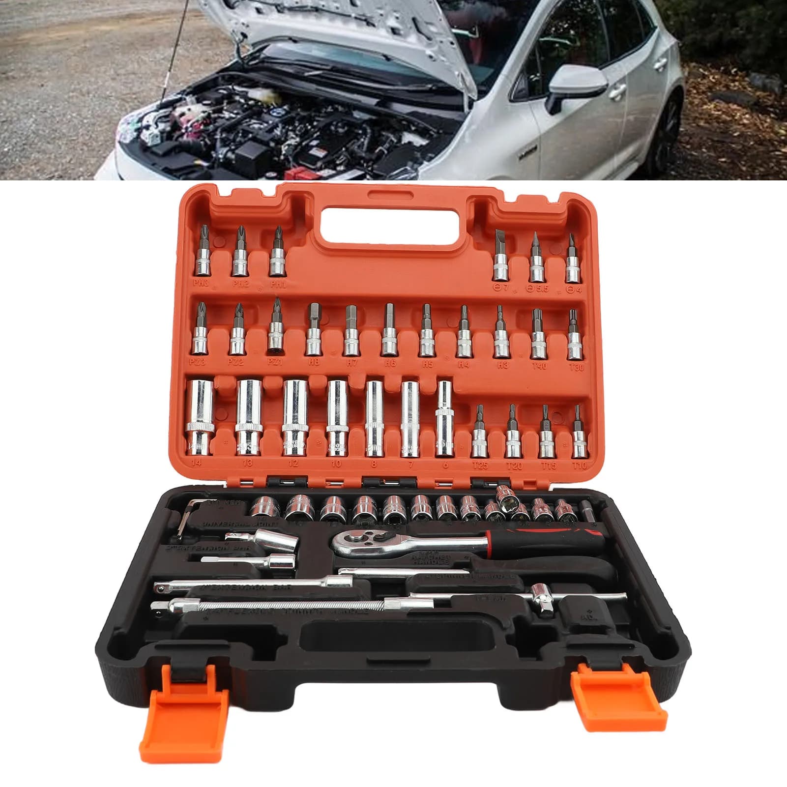 Set of 53 Parts of High Durability Steel Car Compass Keys, Professional Kit with Auto Repair Kit with Storage Box