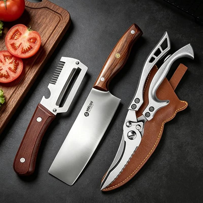 Coltello da Cucina Professionale in Acciaio Inossidabile, Forbici Multiuso, Coltello per Affettare Frutta e Sbucciare Verdure con Manico in Legno