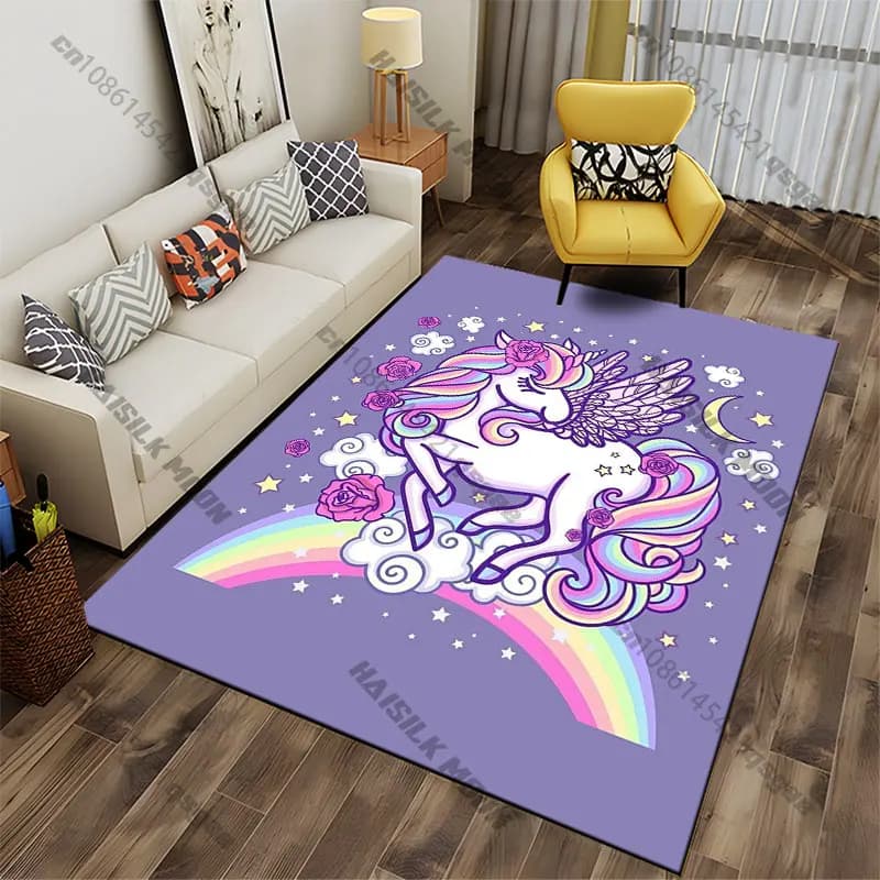 Tappeto con scena magica di unicorni fantasiosi, tappeto da yoga, decorazione per soggiorno, tappetino per gattonare per bambini, tappetino per zerbino, tappeto per giochi