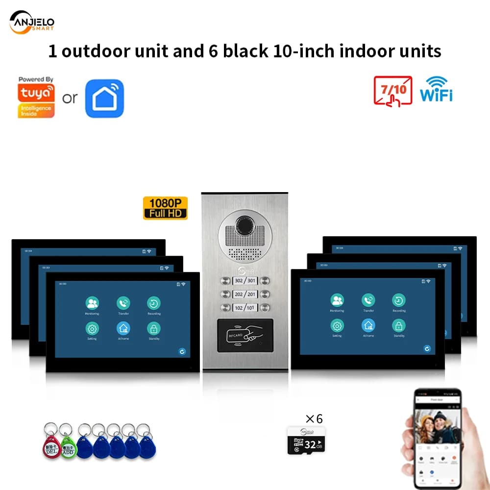ANJIELO 1080P vista notturna elegante videocitofono appartamento multifamiglia da 10 pollici Videocitofono intelligente con campanello in metallo