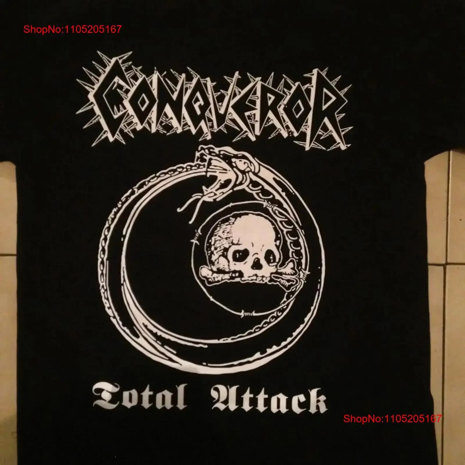 Maglietta Conqueror Band Total Attack Nera S 2345XL 1P0283 vintage Lavata Abiti firmati alla moda Leggermente unisex Casual