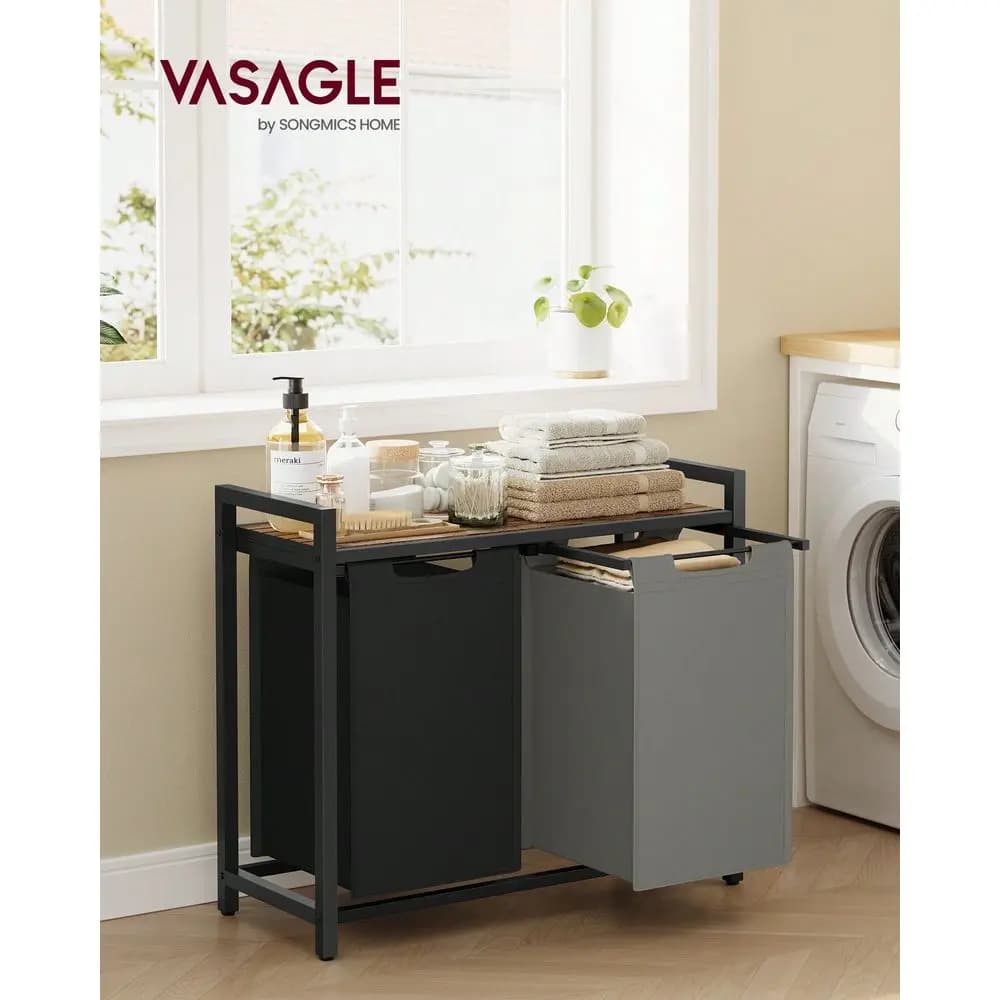 Cesto portabiancheria VASAGLE, cesto per la biancheria, organizer per la biancheria con 2 sacchi estraibili e rimovibili, ripiano, struttura in metallo, 2 x 12,1 galloni (4)