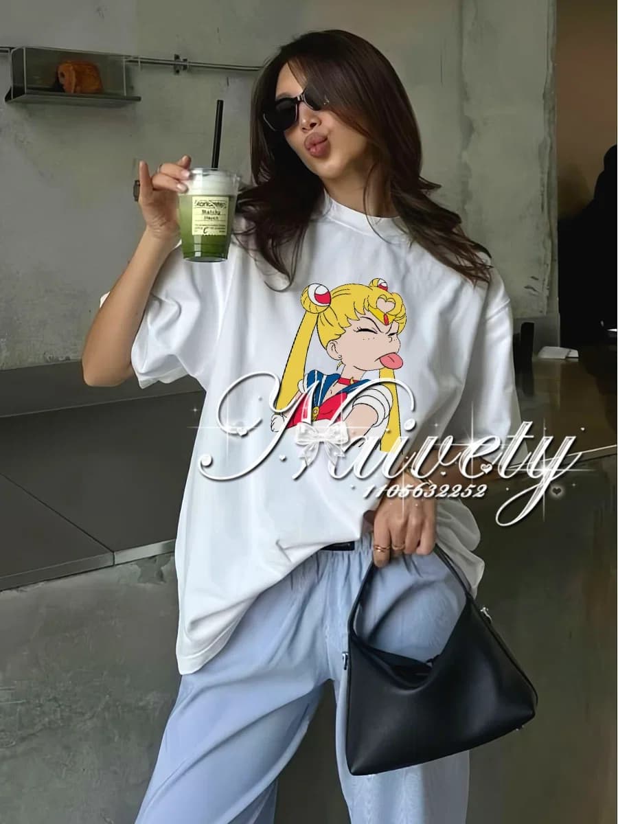 T-shirt in cotone di alta qualità con stampa Sailor Moon Anime, modello oversize Y2K casual per uomo, donna e bambino, ideale per l'abbigliamento sportivo quotidiano - Collezione Estate 2026
