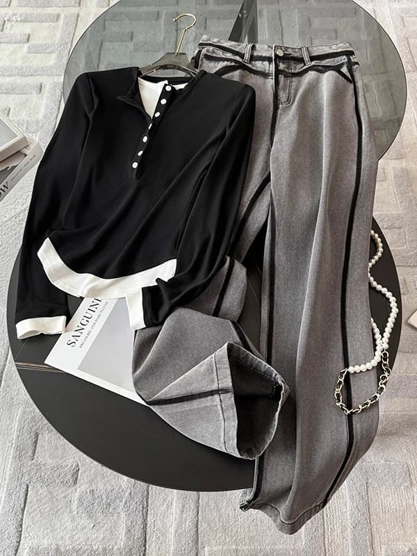 Slimming Black Long Sleeve Top And Wide Leg Jeans Women's Spring 2026 Two Piece Set Fashionable Casual Sportswear Ensemble