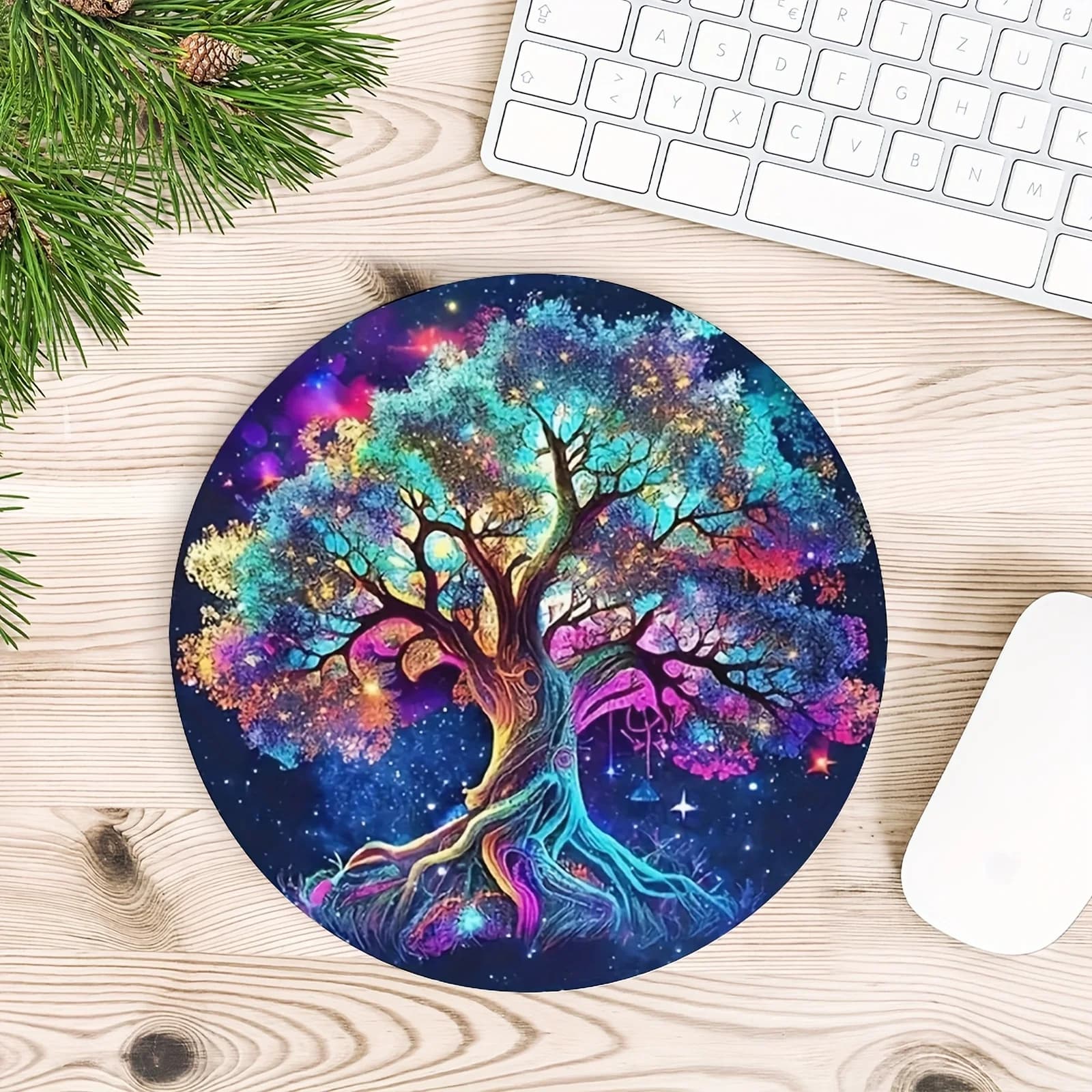 Tappetino per mouse rotondo con albero cosmico vibrante per donne e ragazze, computer da gioco in gomma antiscivolo, laptop, tappetini per mouse da scrivania Mpusepad