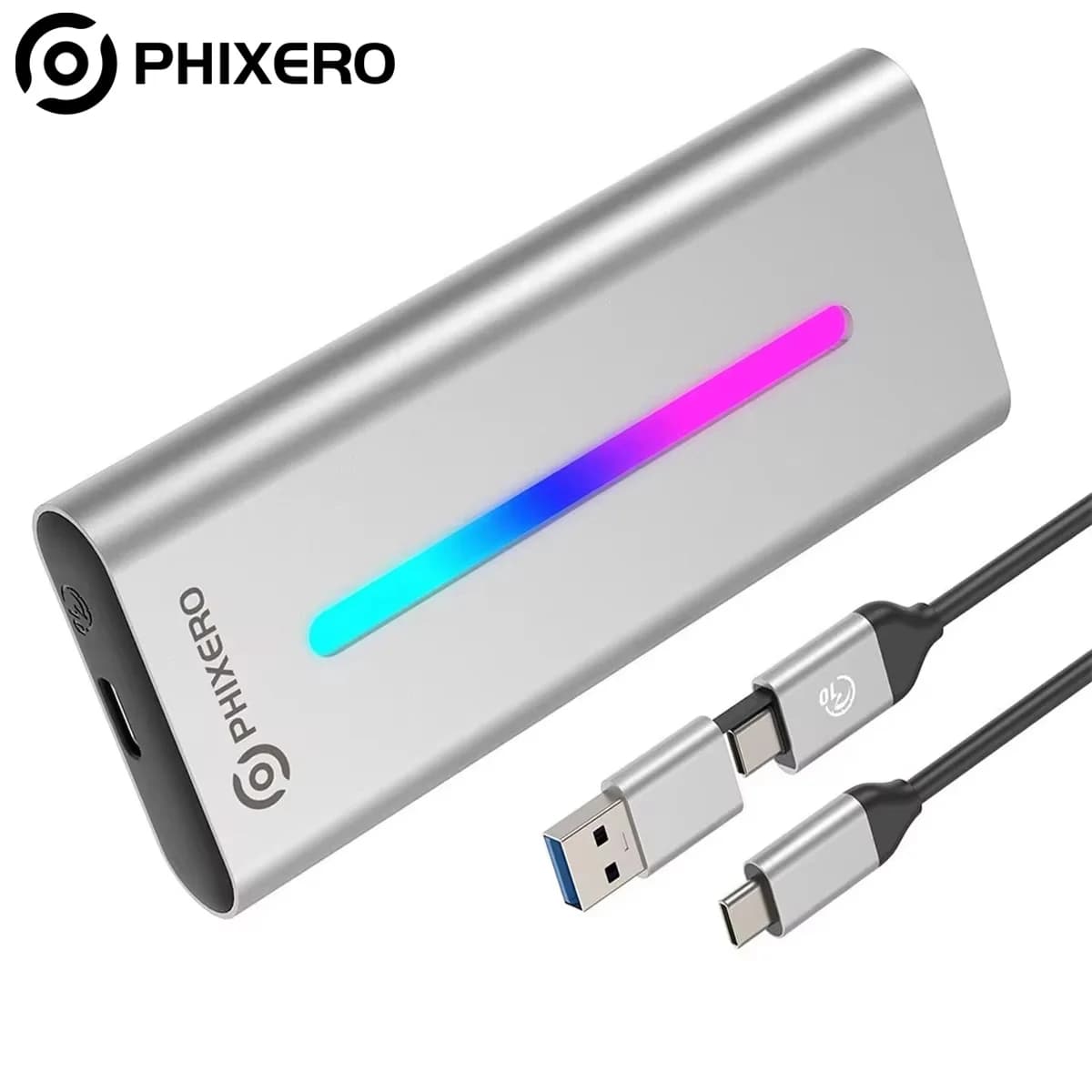 PHIXERO M.2 NVMe SSD Hard Drive Case with 2-1 Cable USB External 10Gbps M.2 NVMe to USB Adapter for PCIe NVMe and SATA SSD
