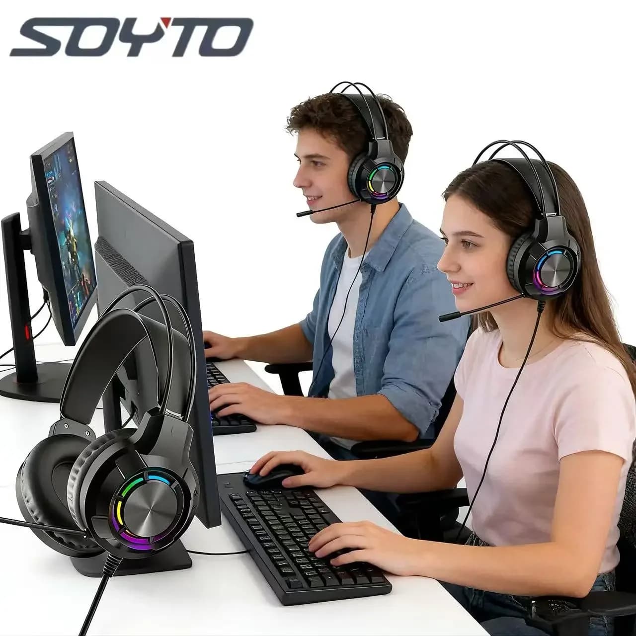 SOYTO PUBG Over-Ear gaming headphones with cable, LED backlight, powerful bass, noise deletion, with laptop and desktop microphone