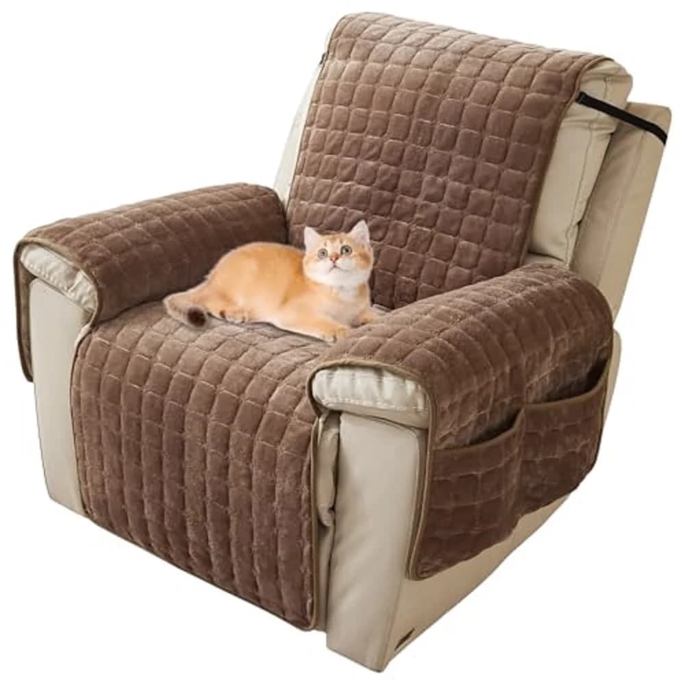 Quilted Stretch Recliner Slipcover Waterproof Furniture Cover with Side Storage Pockets for Large Recliner Chair Covers Winter
