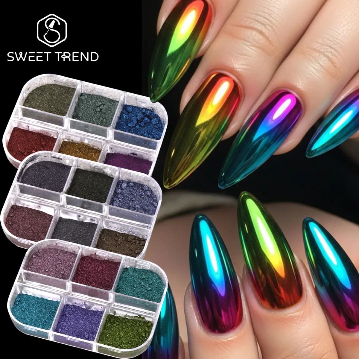 6 Grids Winter Magic Mirror Nail Glitter Pigment Metallic Holographic Chrome Eyeshadow Dust Y2K Holiday Premium Manicure Powder