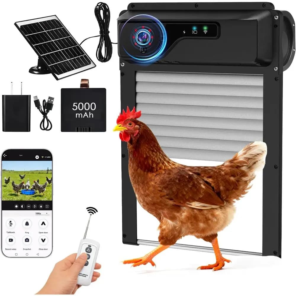 Telecamera HD per Porta Pollaio con APP, Allarme, Visione Notturna, Controllo Remoto, Timer, Interfono, Anti-Pizzicamento, Batteria da 5000mAh