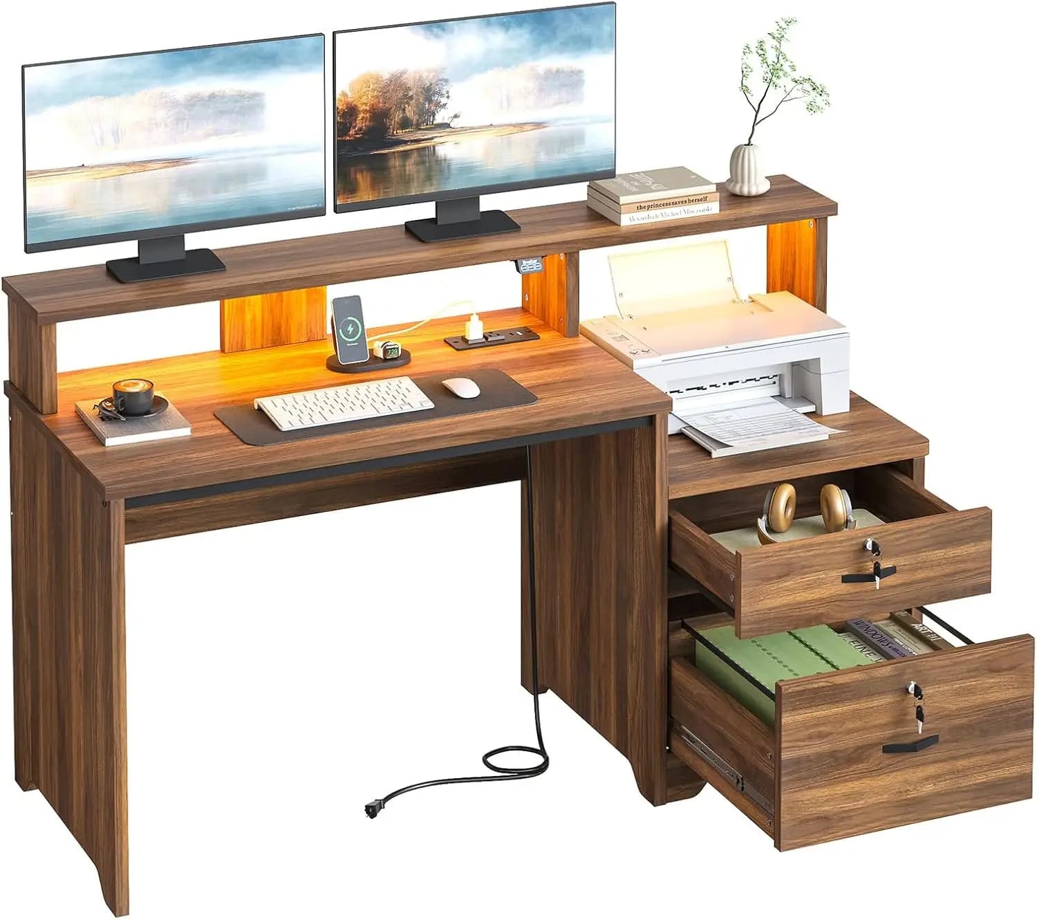 55 Inch Wooden Desk with Locking File Drawer, Charging Station and LED Lighting, Home Office Computer Desk with Storage Shelves, Printer Shelf and Monitor Stand for Study and Work, Walnut Finish