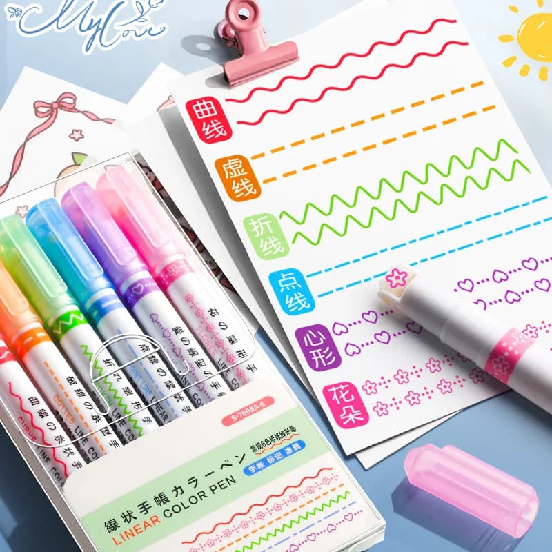 6 pz/set disegno artistico scarabocchi cancelleria fiore linea forma evidenziatore penna forniture per ufficio scolastico punta del rullo curva fodera pennarello