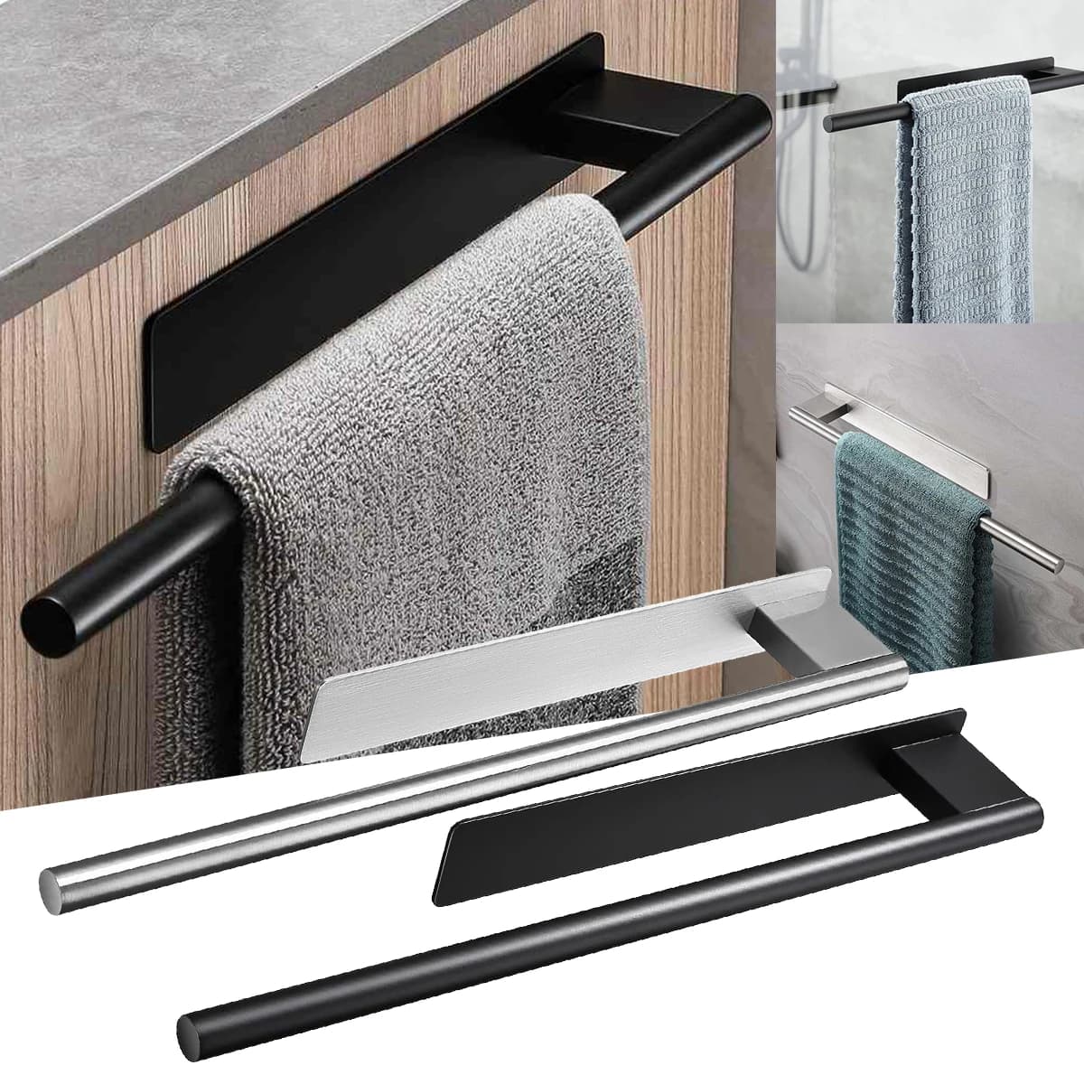 Porta asciugamani in acciaio inossidabile senza trapano da parete per doccia, porta asciugamani da cucina, porta asciugamani da bagno, autoadesivo