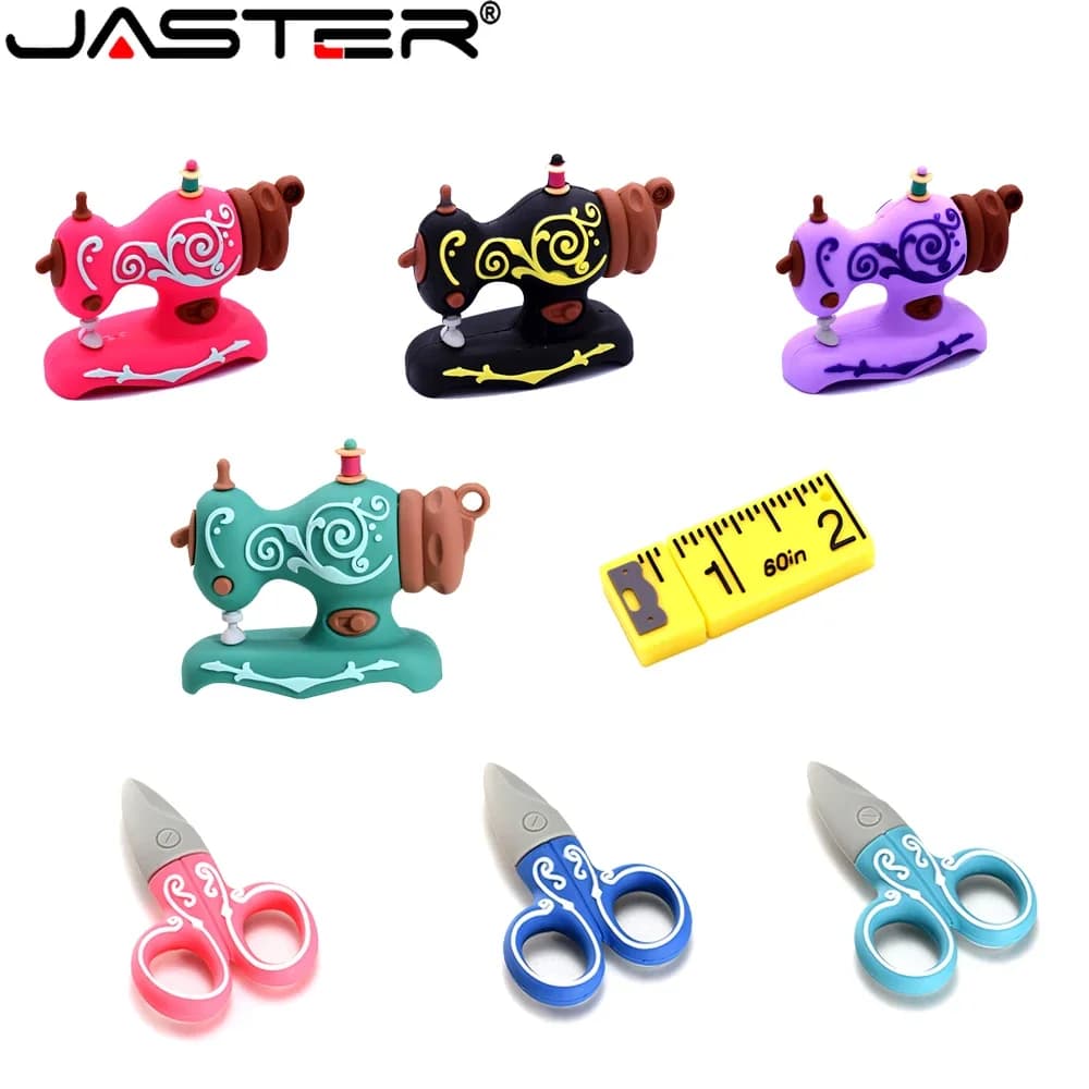 Chiavette USB a forma di cartone animato: Macchina da cucire blu, Forbici, Penna USB, Regalo creativo per sarti, Righello, Memory Stick 128GB 64GB 32GB