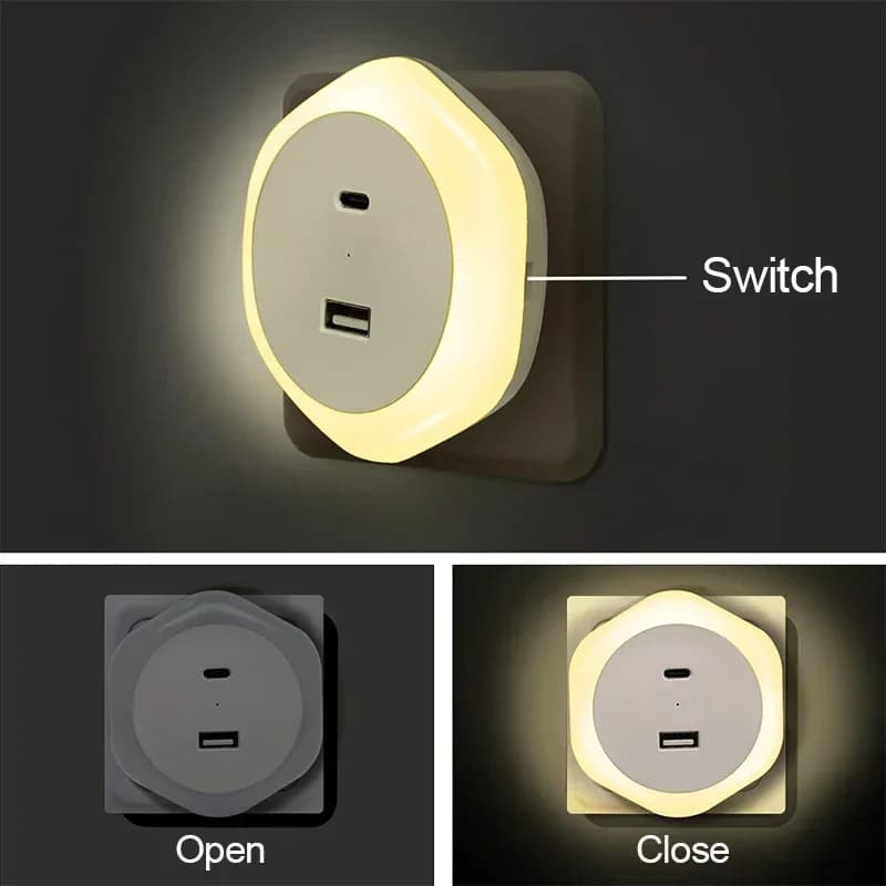 USB Plug Night Lamp EU Type-C Charger Port Auto Light Sensor Dimmable Warm White Bedroom Hallway Stairs LED Bedside Lights