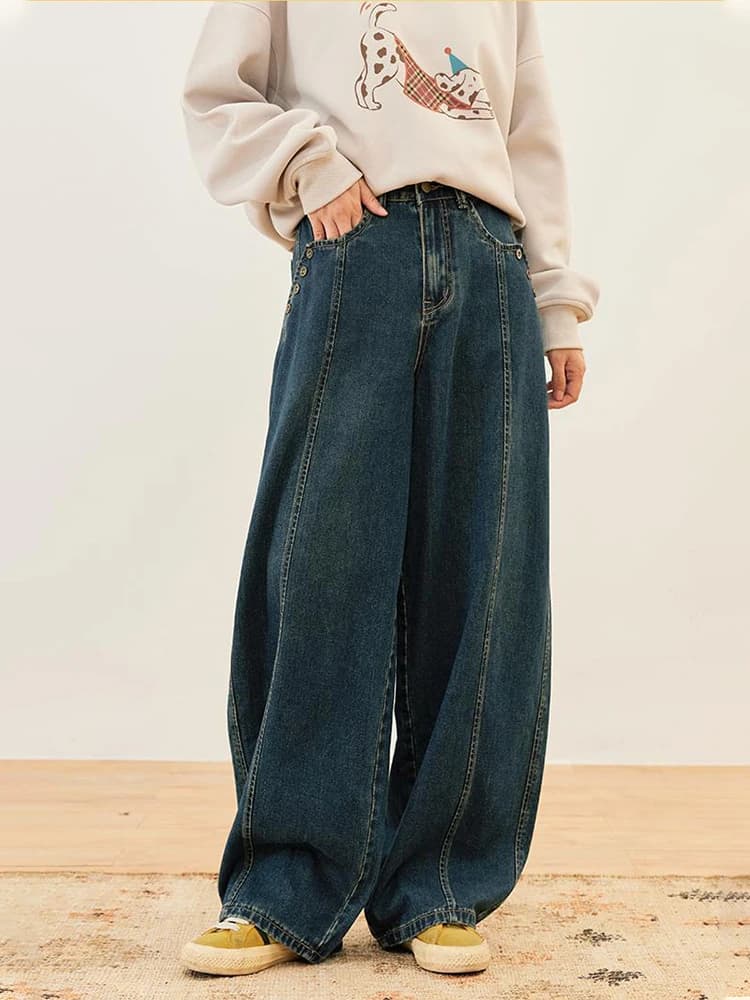American Retro High Waist Loose Harlan Cucumber Women's Jeans Autumn Wide Leg Scythe Banana Long Pants Blue Color