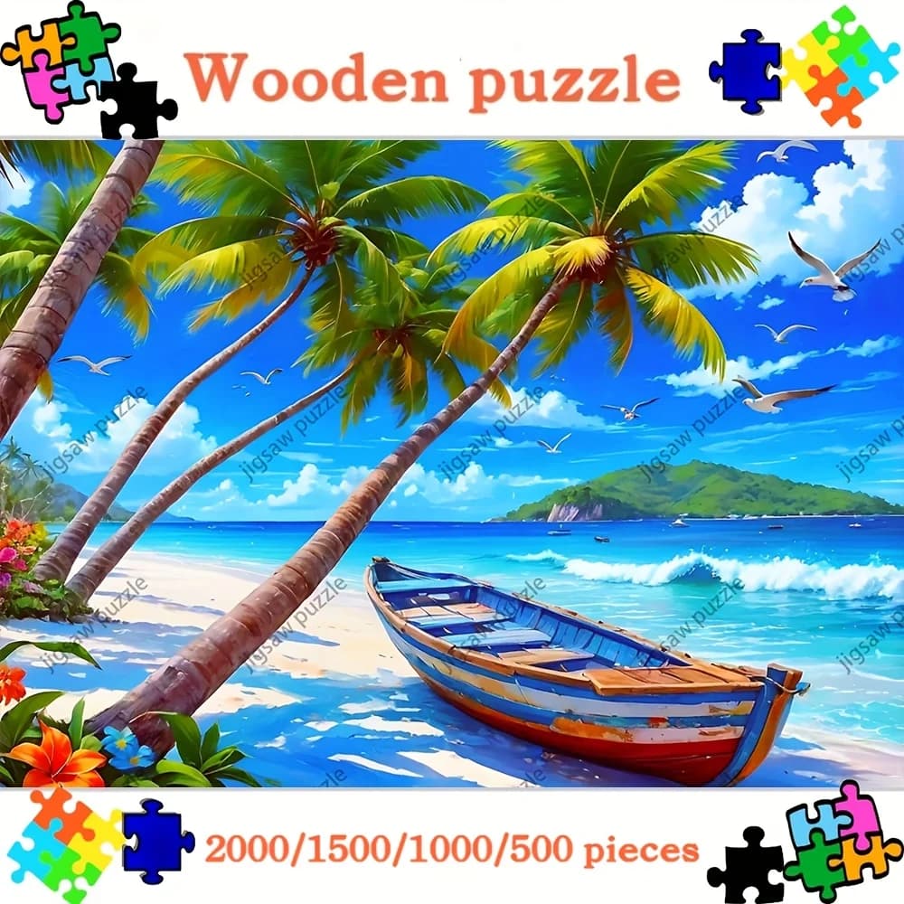 2000/1500/1000/500 pezzi Puzzle in legno da spiaggia tropicale per adulti - Palme vibranti, barche e scene dell'oceano, legno premium wi