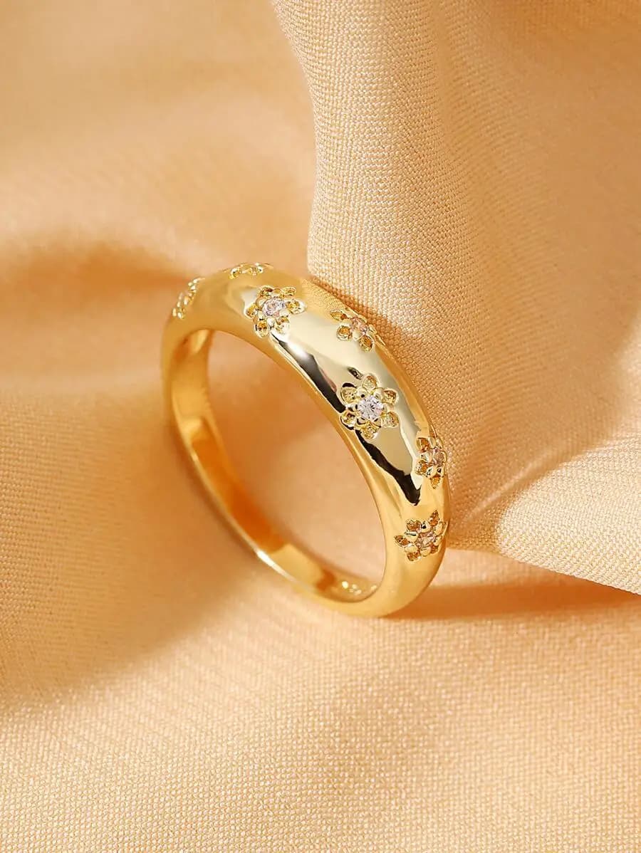 1 anello di lusso in rame con zirconi floreali, accessorio gioiello per donna