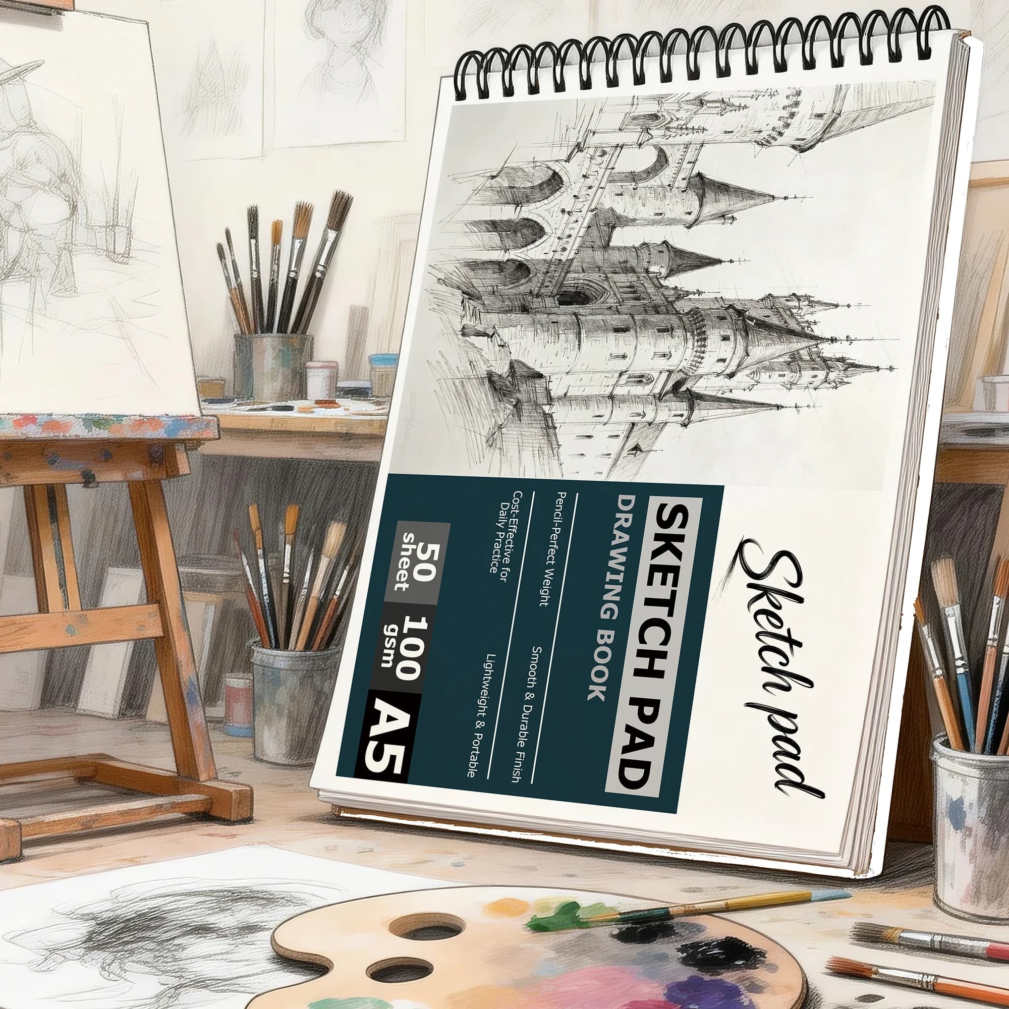Spiral-Bound Art Sketch Pad (A5 Size) - 50 Sheets 100Gsm Heavyweight Drawing Book | Medieval Castle Cover Sketchbook: Artist-