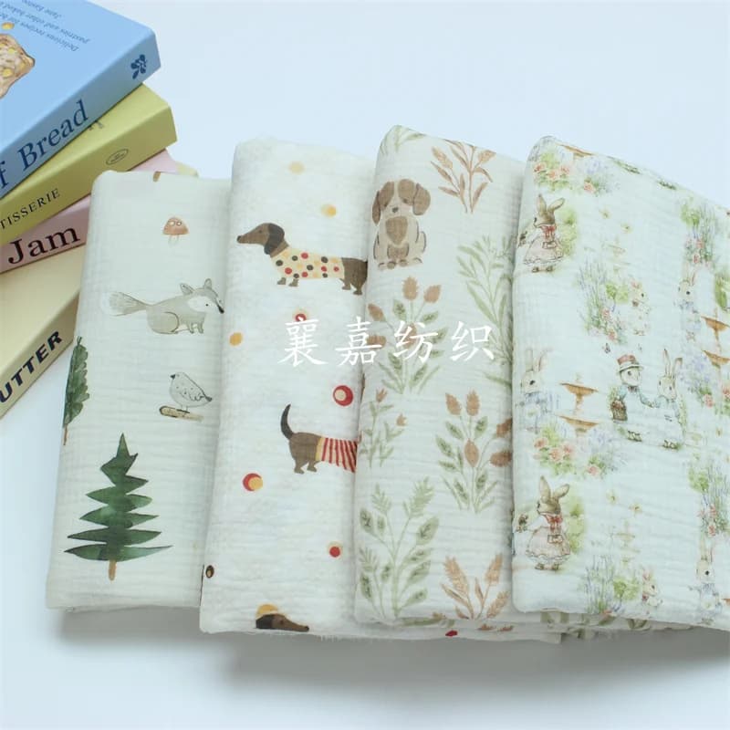Rabbit and Dog Double-Layer Cotton Gauze Crepe Fabric, Summer/autumn Conditioning Blanket Small Quilt Children's Clothing Cloth