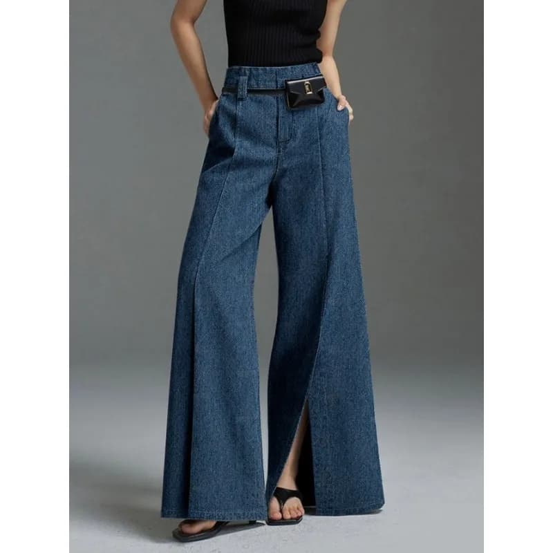 Retro Denim Pant Donna 2025 Dritto Fessura-hem Gigh Vita Pantalone a figura intera Tasche Officewear Casual Jeans semplici Senza cintura 179479