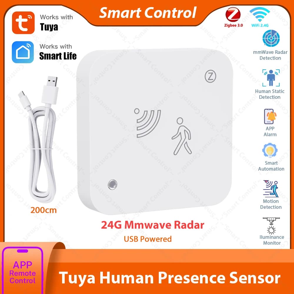 Sensore di Presenza Umana Tuya Zigbee WiFi con Rilevatore Radar a Onde Millimetriche 24G, Controllo tramite APP per la Sicurezza Domestica Intelligente