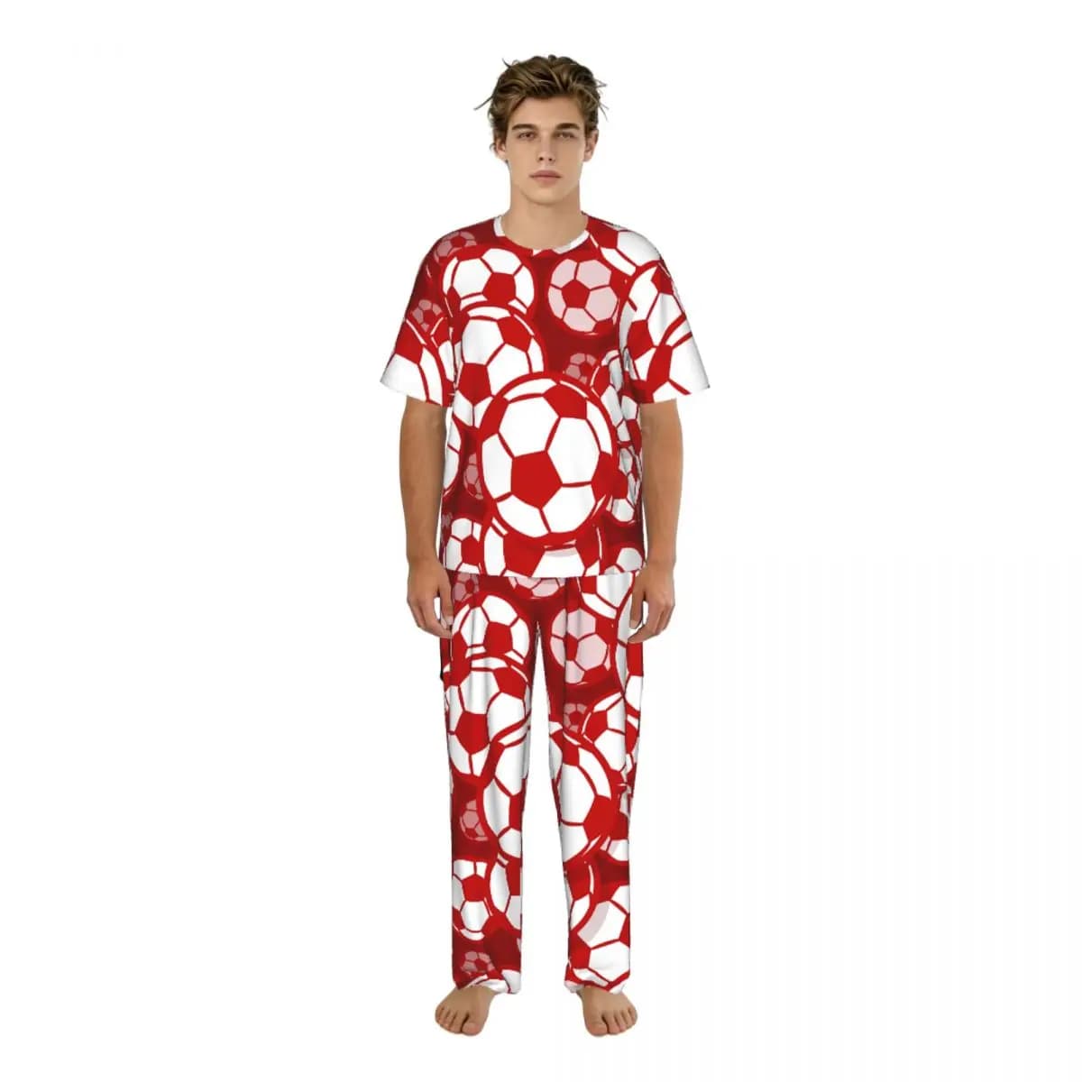 Pigiama Estivo Primaverile, Abbigliamento da Casa, Completo con Maglia a Maniche Corte e Pantaloni Lunghi con Motivo Calcio