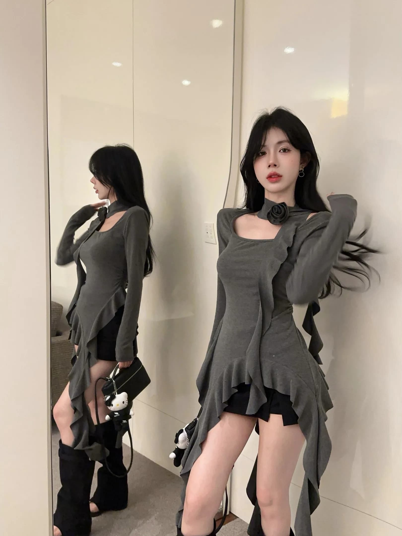 Pure Desire Irregular Lace Trim Square Collar Long Sleeve T-Shirt Women One Shoulder Hanging Neck Top Show Body Shape Base ...
