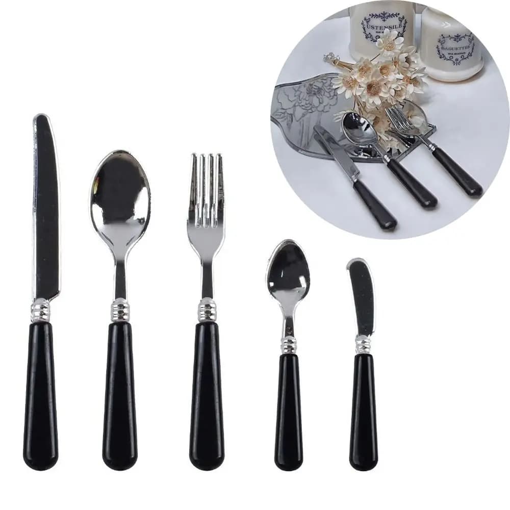 Set of 5 Posate Pieces in Miniature for Doll House in La Scala 1/6, Design Cute, Mini Knives, Forks and Cucchiai