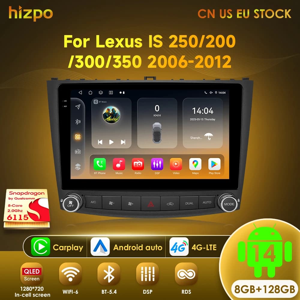 Hizpo Android 14 Autoradio 2 Din Lettore Automatico Per Lexus IS250 200 300 350 2006-2012 Stereo Apple Carplay Navigazione GPS AI Voce