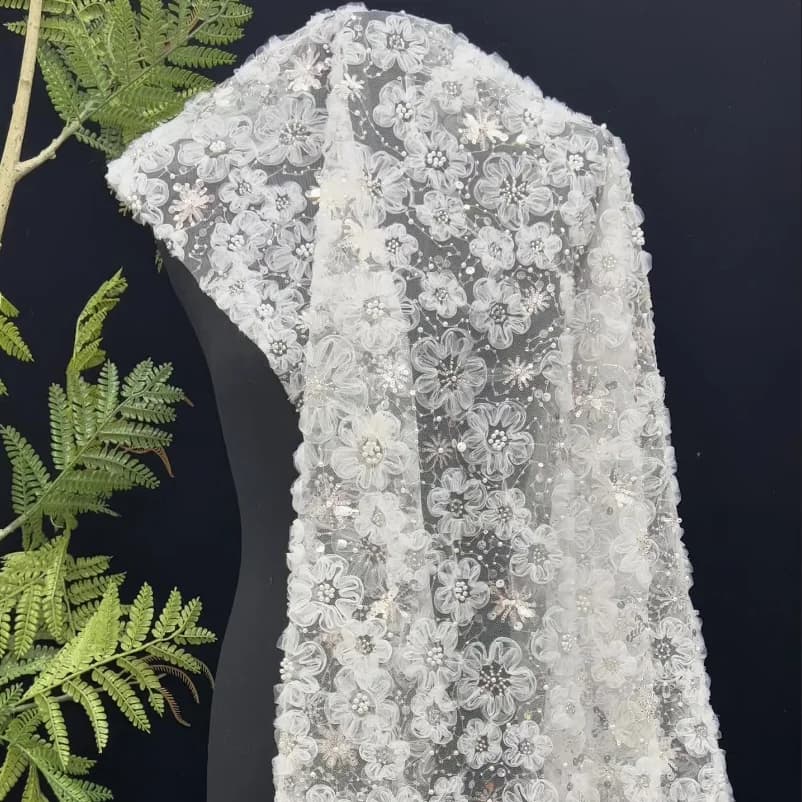 2Yds/lot 130cm Wide Luxury Black and White Flower Embroidered Lace Fabric Pearls 3D Sequin Beaded Mesh for Bridal Couture F081