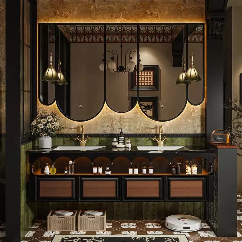 Mobile bagno sospeso di lusso in stile europeo con specchio LED e cassetti multipli, lavabo in ceramica (adatto per appartamenti)