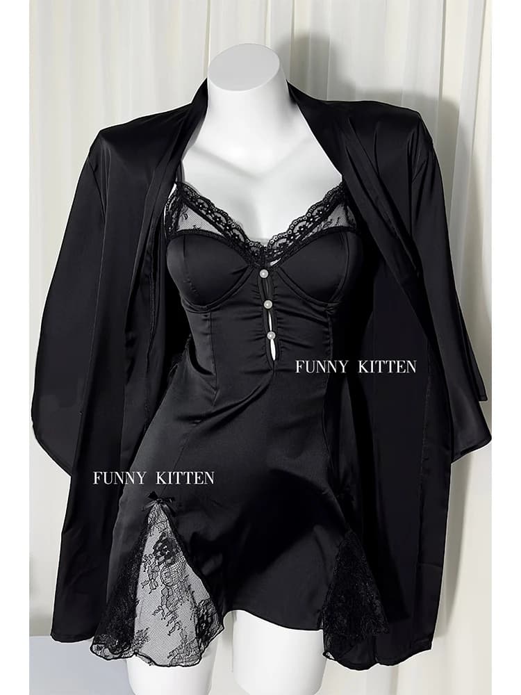 Women's Black Gothic Night Shirt Mini Sexy Lace Lingerie Nightwear Bathrobe Dress Nightwear Set V-neck Dress Summer Clothing