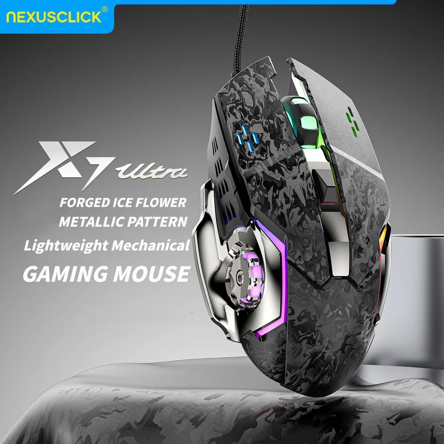 Mouse da gioco NexusClick 2026 New Hot Wired a 6 pulsanti, illuminazione colorata 7200 DPI, mouse da ufficio per PC Windows e sistema Apple IOS