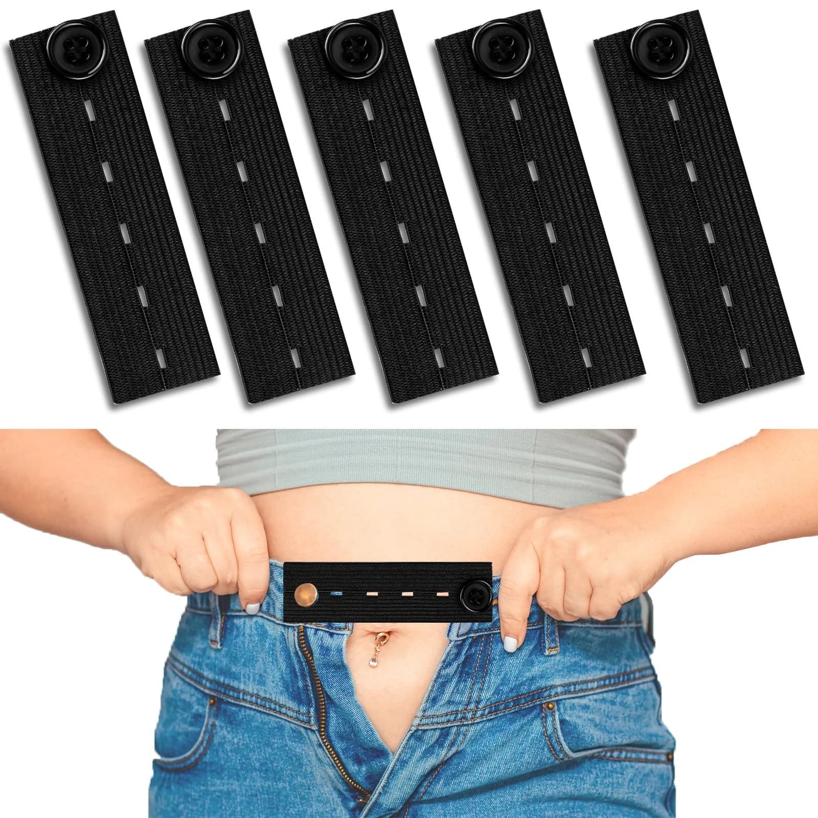 5Pcs Elastic Button Extension Straps for Men and Women, Elastic Waist Extender, Adjustable Belt Extender for Men and Women, Button Extender for Jeans and Pants