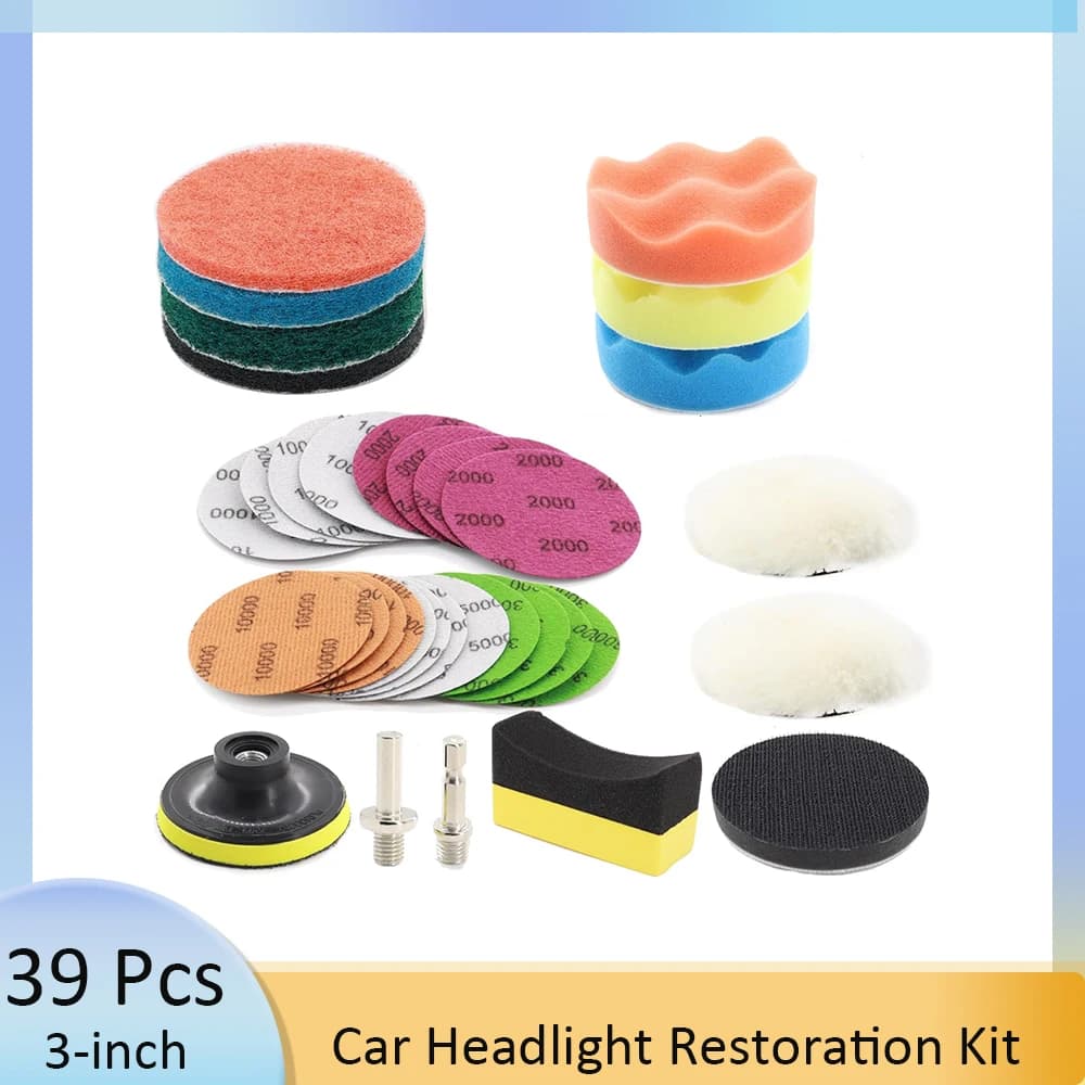 Kit di ripristino fari per auto da 39 pezzi con dischi abrasivi per la cura dell'auto da 3 pollici Pad carta vetrata a umido e asciutto per lavaggio auto pulizia ceretta