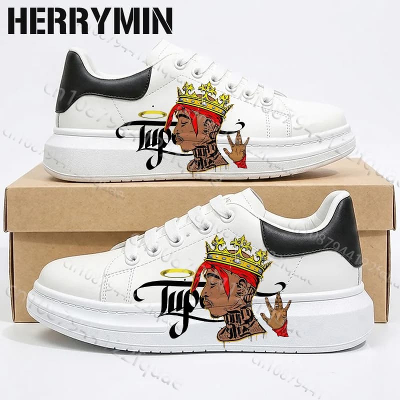 New Hot Rapper 2Pac Men's Lace Up Running Shoes Exclusive Print Design Unisex Adult Couple White Shoes Man Woman Size 35-44