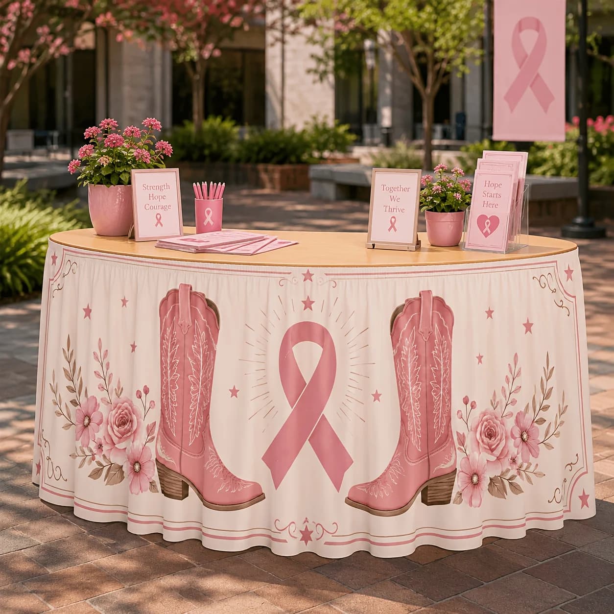 1 tablecloth table skirt breast cancer prevention western table skirt pink cowboy boots pink ribbon rose flower