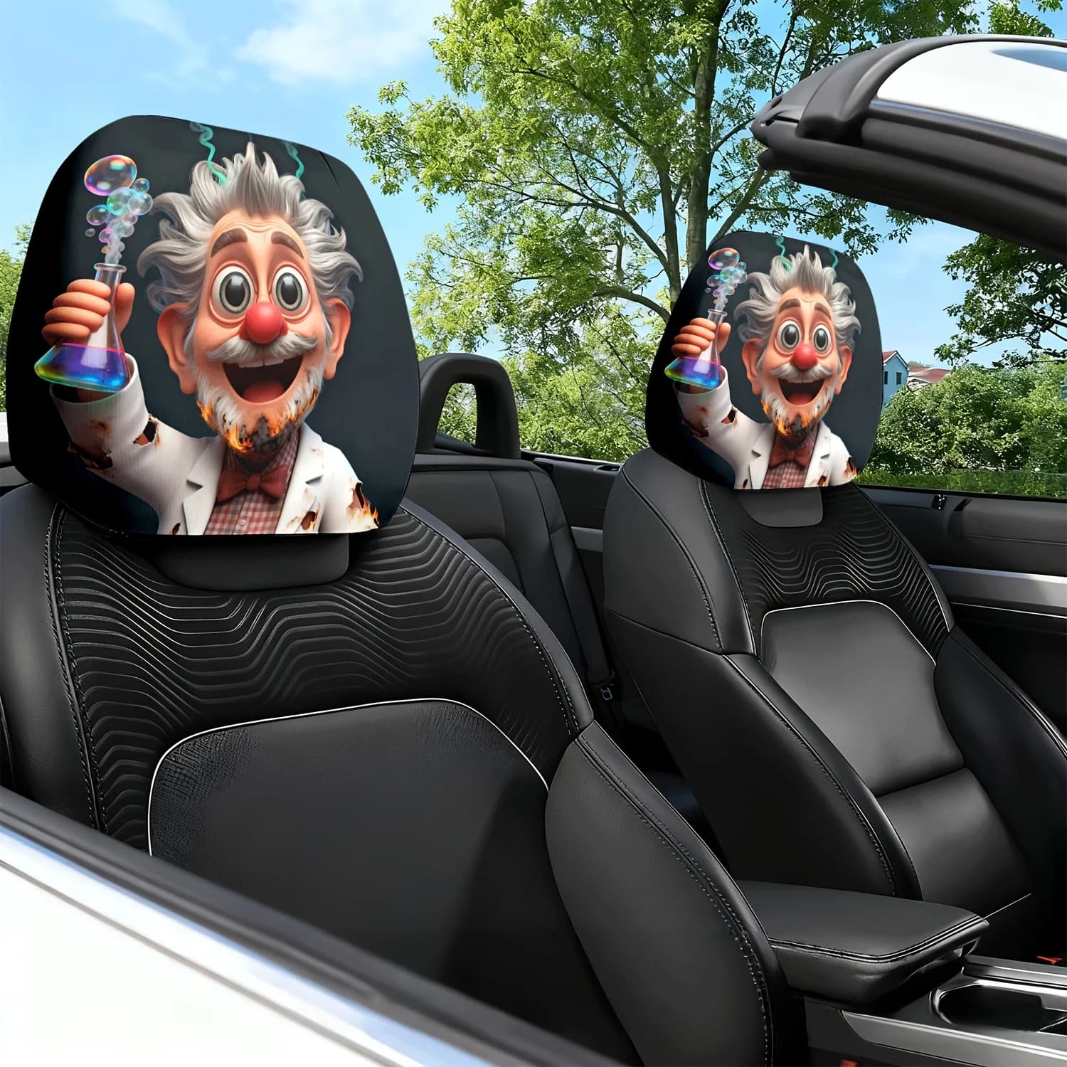 2 Pezzi Copri Poggiatesta Auto con Stampa a Tema Scienziato Cartone Animato - Cuscino Poggiatesta per Sedile Auto - Bianco