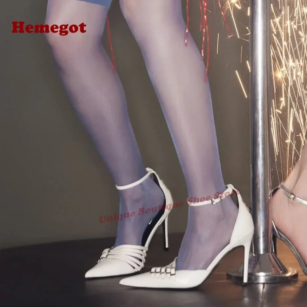 White Multi-Buckled Sandals Pointy Toe Glossy Stiletto Heels Women's Sandals Ankle Strap Summer Runway Party Shoes 2025 New Sexy