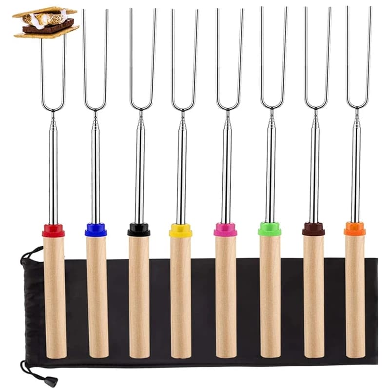 Set di 8 Spiedini per Barbecue in Acciaio Inox, Forchette Telescopiche per Grigliare Marshmallow, S'mores, Hot Dog e Salsicce