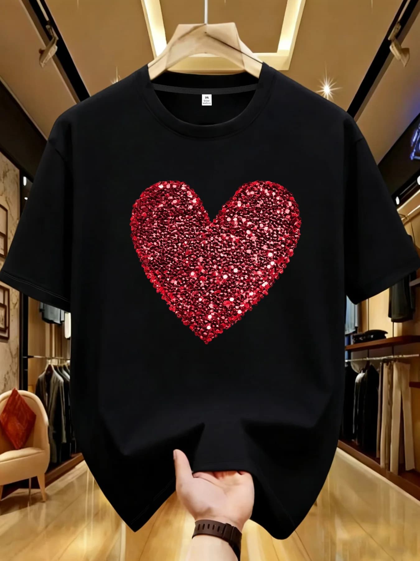 【YJ00010】T-shirt da donna Love Plus size con scollo rotondo, maniche corte elasticizzate e stampe alla moda