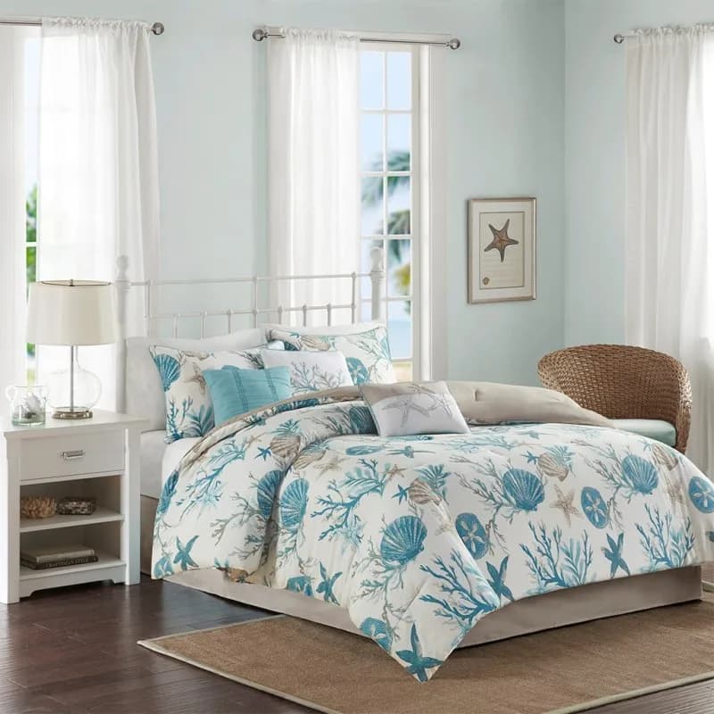 7 Piece Cotton Sateen Comforter Set Aqua King