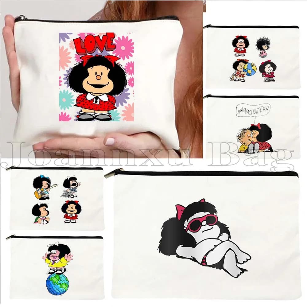 Citazioni divertenti Mafalda Quino Comics Kawaii Canvas Cosmetic Makeup Bag Astuccio per la scuola Astuccio con cerniera Borsa da toilette Portachiavi Portamonete